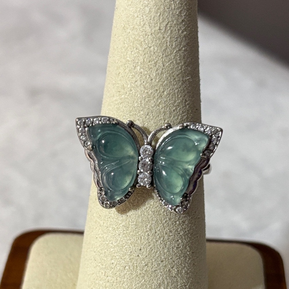 S925 Natural Jade Butterfly Sterling Silver Adjustable Ring